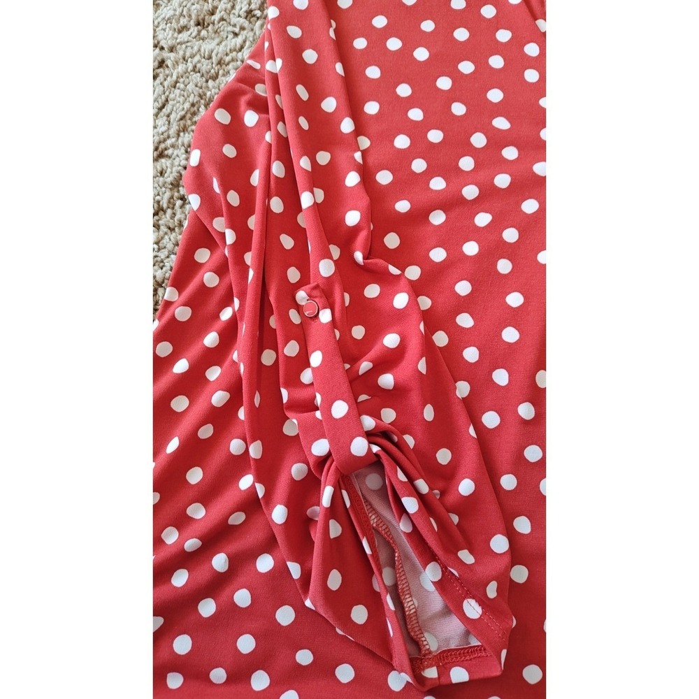 Cato Women Blouse Small Red White Polka Dot Split-Neck Tunic Top Y2K Tab Sleeves - Picture 3 of 12